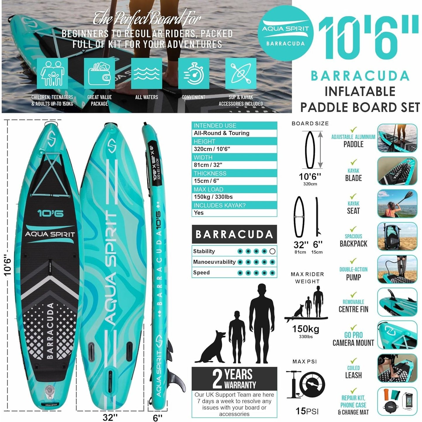 Aqua Spirit Barracuda iSUP/Kayak Inflatable Stand Up Paddle Board 2025 Only In Postanoh